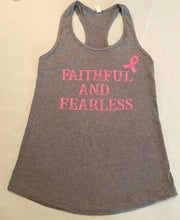 FAITHFUL AND FEARLESS LADIES LIMITED EDITION PINK RIBBON BREAST CANCER AWARENESS RACERBACK GREY TANK TOP