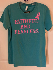 FAITHFUL AND FEARLESS LADIES LIMITED EDITION PINK RIBBON BREAST CANCER AWARENESS TURQUOISE ROUND NECK