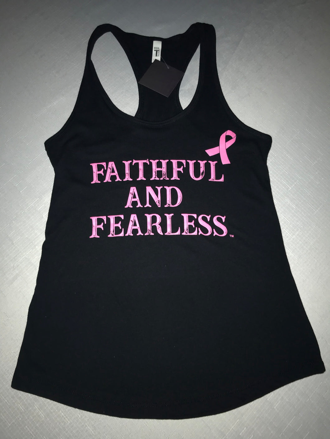 FAITHFUL AND FEARLESS LADIES LIMITED EDITION PINK RIBBON BREAST CANCER AWARENESS RACERBACK BLACK TANK TOP