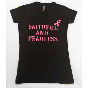 FAITHFUL AND FEARLESS BLACK V-NECK LIMITED EDITION PINK RIBBON T-SHIRT