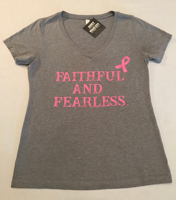 Ladies Grey V-Neck Pink Ribbon Top