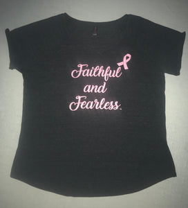Ladies Faithful and Fearless Pink Ribbon Black Top